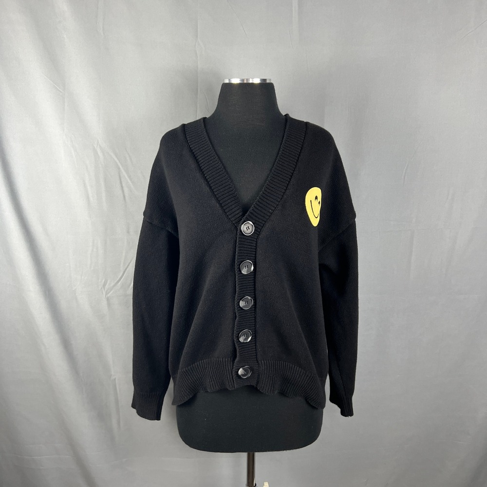 Forever 21 Cardigan Sweater Mens Large Black Smiley Face V Neck Button Front
